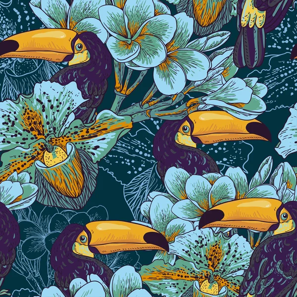 Тропический бесшовные parrern с цветами и Тукан — стоковый вектор