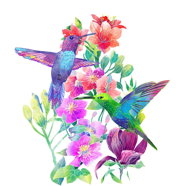Экзотические цветы и птицы — стоковое фото