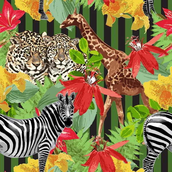 Леопард, Зебра, жираф и цветы — стоковый вектор