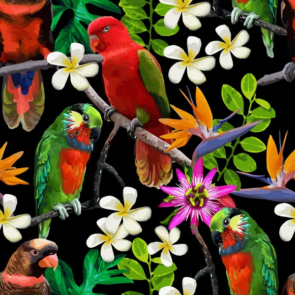 Экзотические птицы и красивые цветы — стоковый вектор