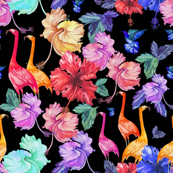 Pattern with flamingos and exotic flowers — стоковый вектор