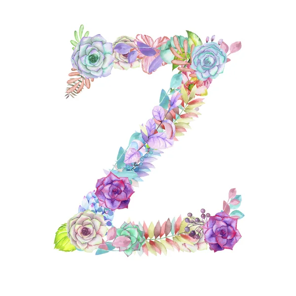 Прописная буква Z, акварелью цветы, изолированные рисованной на белом фоне, свадебный дизайн Стоковое Изображение
