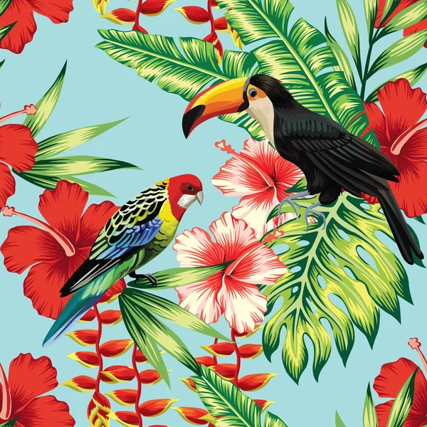 Тропических птиц и цветов бесшовный фон — стоковый вектор