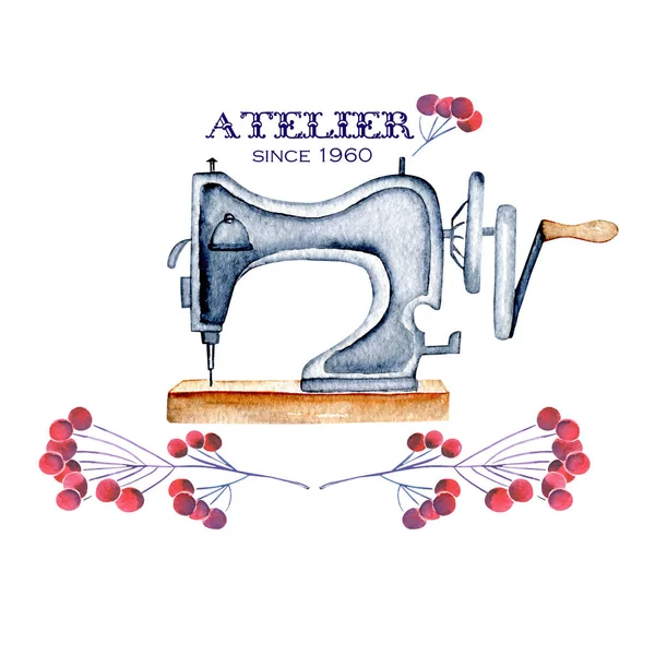 Макет логотипа с акварелью ретро швейная машина и цветочных элементов Стоковая Картинка