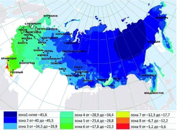 зоны зимостойкости растений России