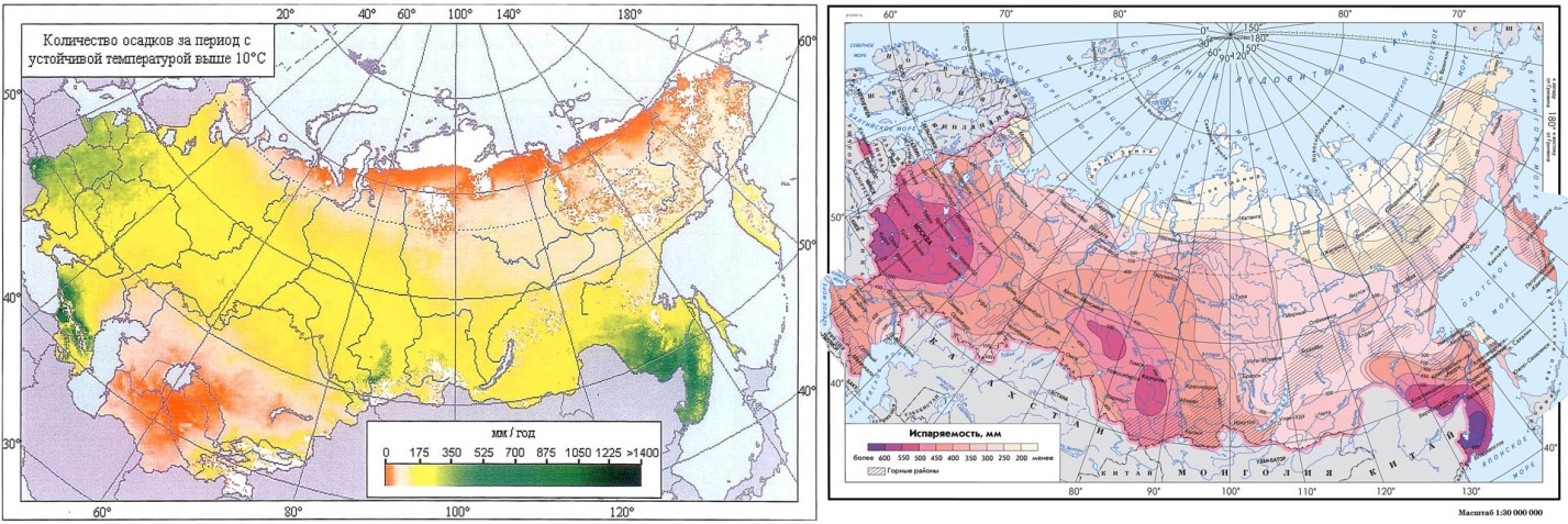 Количество осадков в период вегетации растений и годичная испаряемость в России