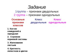 Задание 1группа – признаки двудольных 2 группа – признаки однодольных Основны