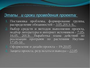 Этапы и сроки проведения проекта: Постановка проблемы, формирование группы,