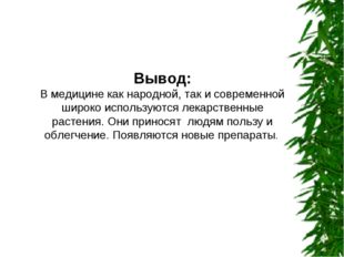 Вывод: В медицине как народной, так и современной широко используются лекарст