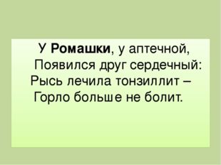 У Ромашки, у аптечной,  Появился друг сердечный: Рысь лечила тонзиллит – Гор