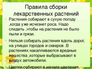 Правила сборки лекарственных растений Растения собирают в сухую погоду ,когда