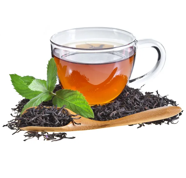 Стеклянная чашка чая с листьями мяты, изолированные на белом фоне — стоковое фото