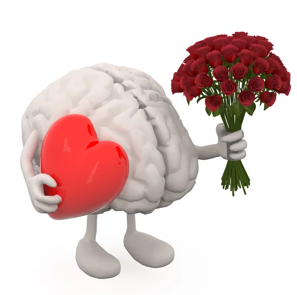 Мозг с руки, ноги, букет из роз и Красного сердца на руках Стоковое Изображение