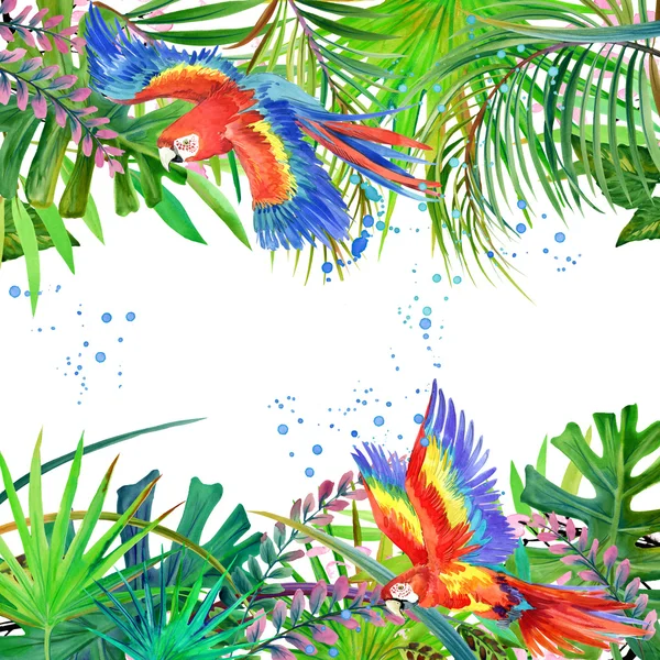 Tropical forest. Watercolor tropical forest. Parrot watercolor. Tropical plants watercolor background. — стоковое фото