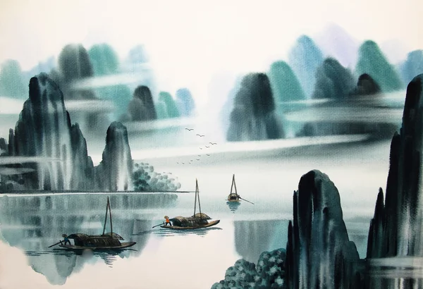 Китайский пейзаж акварелью Лицензионные Стоковые Изображения