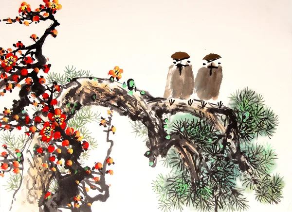 Китайская тушь роспись птицы и дерево Стоковое Фото