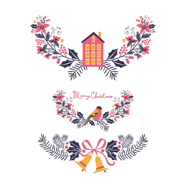 Красочные рождественские баннеры и лавры с цветами, птиц, оленей, остролисты и листья Стоковая Иллюстрация