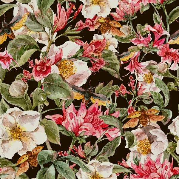 Акварель бесшовный фон с розовыми цветами и жуки — стоковое фото