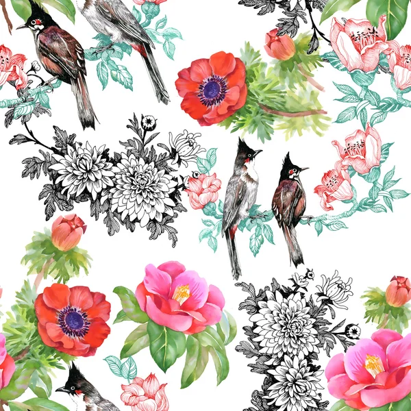 Птицы на ветке с цветами Стоковое Изображение