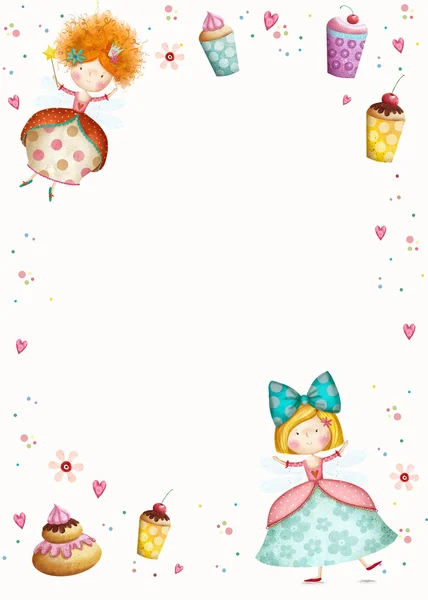 Счастливый день рождения Invitation.Party приглашение. Милый маленький принцессы с кексы цветочки, сердечки. Детские карты в сладких цветов. Маленькая принцесса Стоковое Фото