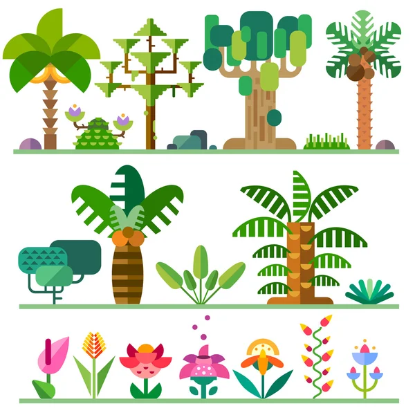 Тропические растения. Различные виды деревьев, цветы Стоковый Вектор
