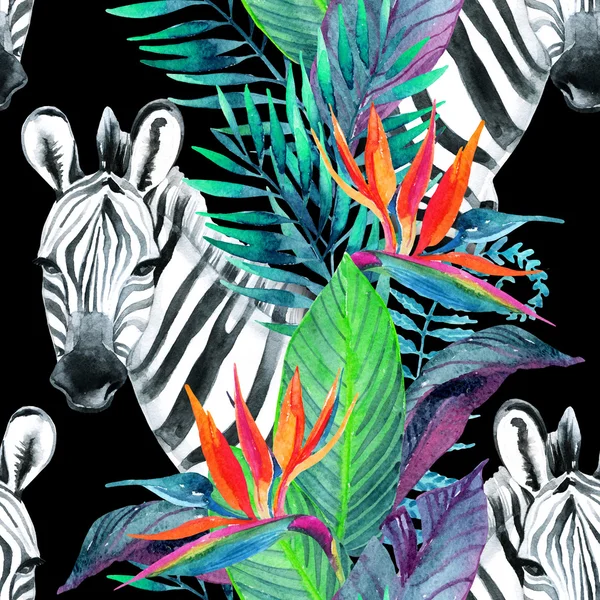 Бесшовный узор из тропических джунглей. Цветочный дизайн с Зебра на белом фоне Лицензионные Стоковые Изображения