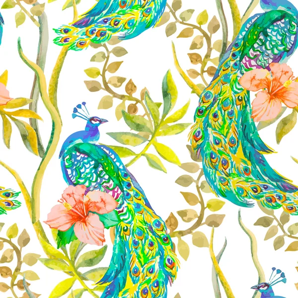 Beautiful peacock pattern. Vector. Peacocks and plants, tropical flowers,hibiscus . — стоковый вектор
