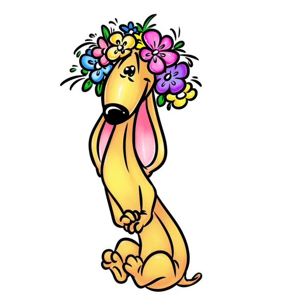 Мультфильм собака такса Весенние цветы венок Стоковое Изображение