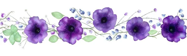 Hand drawn illustration. Endless ribbon with violet petunia flowers, gypsophila branches and lily. Isolated on a white background, all design elements are editable. Can be used for cards, invitations, wedding, valentines day , mothers day. Лицензионные Стоковые Иллюстрации