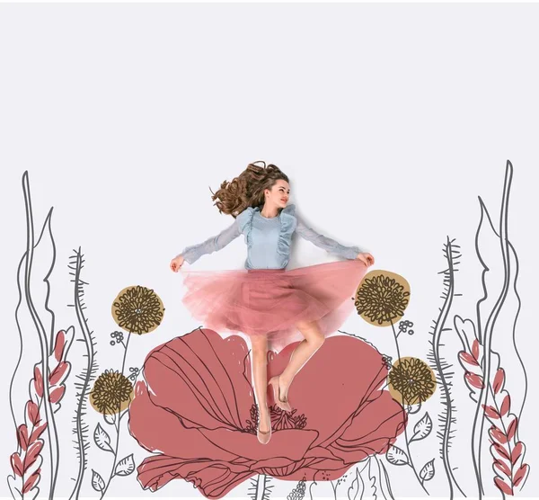 Креативная Рука Нарисованные Коллаж Женщиной Окружении Красивых Цветов Стоковое Фото