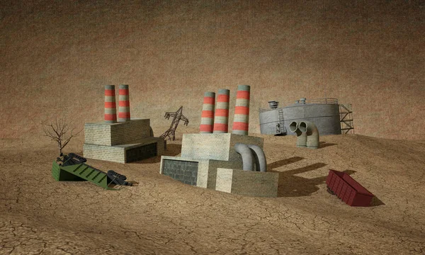 Иллюстрации Умирающие Отрасли Старые Заводы Нефтехранилищ Вагоны Умирают Песок Пост Стоковое Фото