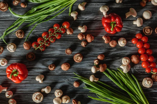 Top View Various Raw Vegetables Mushrooms Wooden Tabletop — стоковое фото