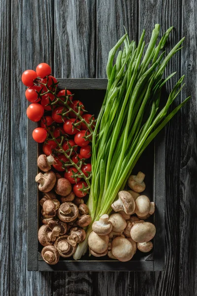 Top View Champignon Mushrooms Leeks Cherry Tomatoes Box Wooden Tabletop — стоковое фото