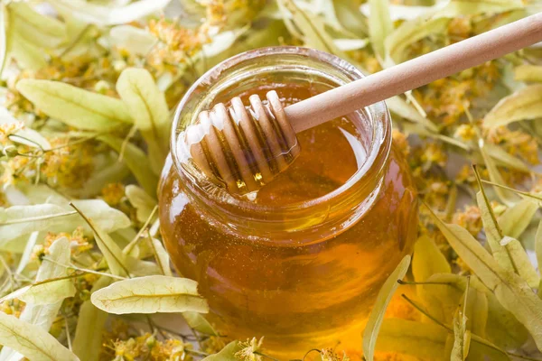 Glass Jar Honey Background Linden Blossoms — стоковое фото