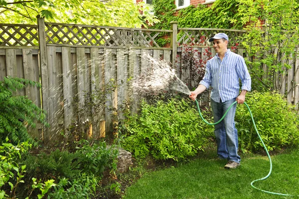 Человек, поливающий сад Лицензионные Стоковые Фото