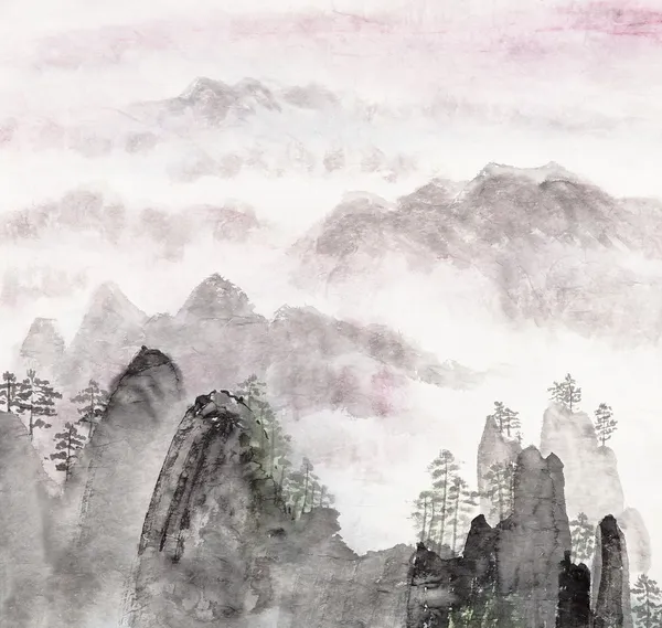Китайская живопись высокого горного пейзажа Стоковое Фото